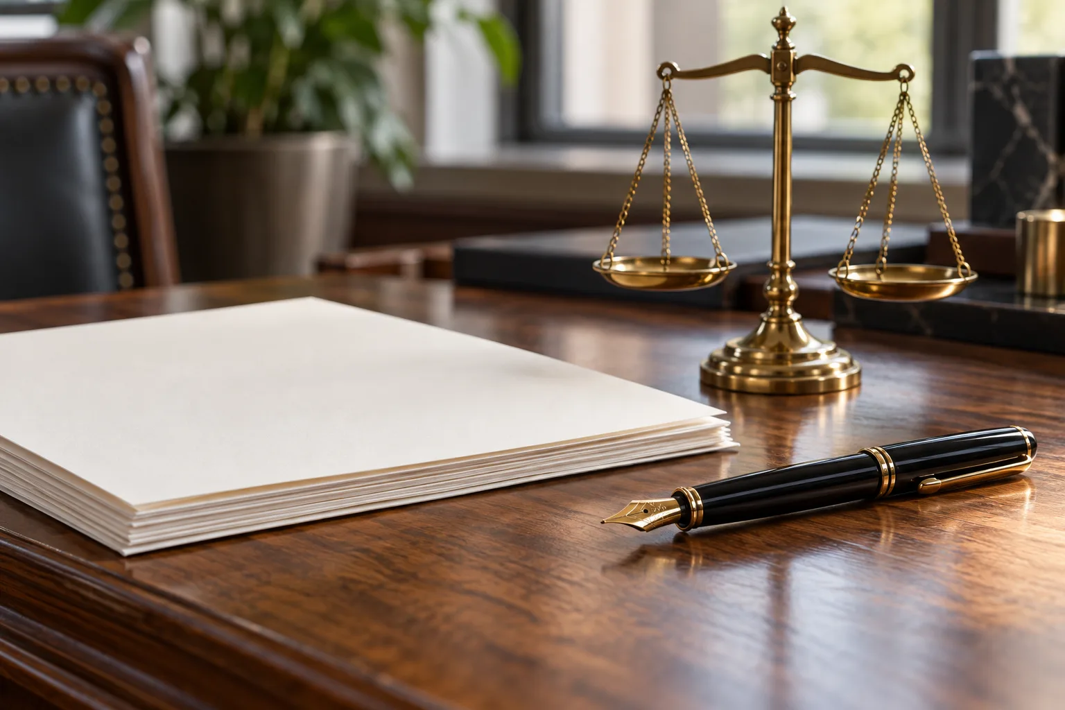 Mesa com documentos e balança da justiça